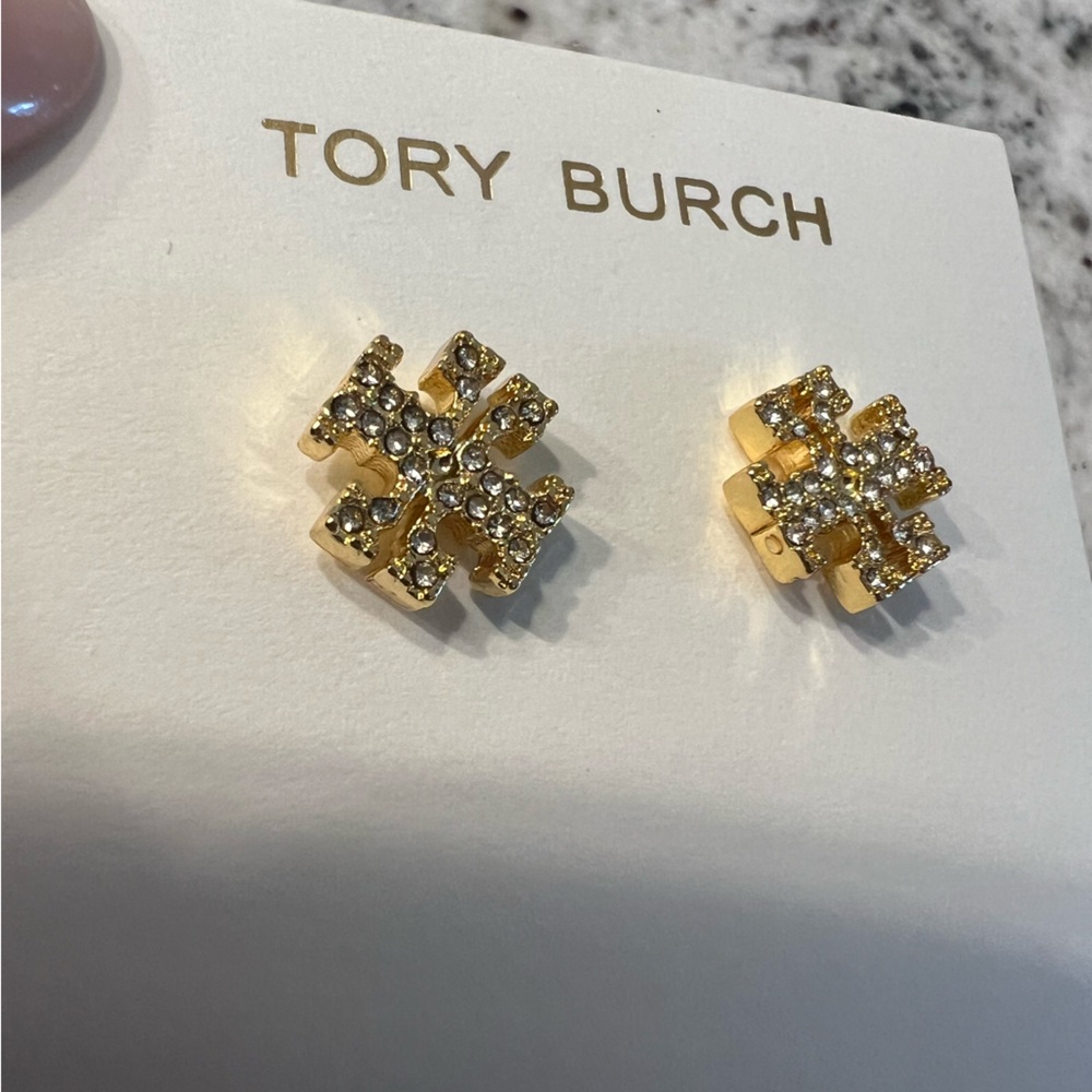 TB Tory Burch Gold Logo Stacked T diamond Pave Stud Earrings